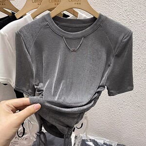 2023冰丝短袖T恤女薄款夏季修身显瘦设计感小众洋气抽绳圆领上衣