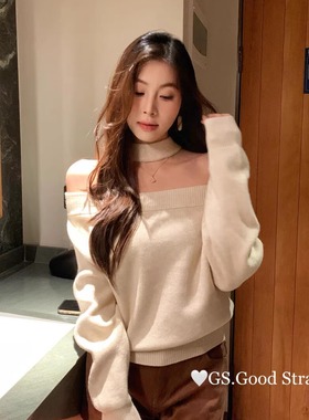 GS挂脖气质露肩针织衫女秋季高级感长袖毛衣宽松慵懒风一字肩上衣