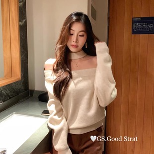 毛衣宽松慵懒风一字肩上衣 高级感长袖 GS挂脖气质露肩针织衫 女秋季