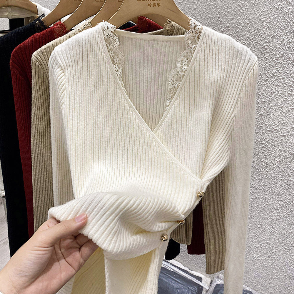 2023秋冬V领交叉打底衫女设计感小众蕾丝拼接内搭毛衣针织衫上衣,女装/女士精品,时尚防晒服,淘宝优惠券,粉丝福利购,淘宝优惠卷