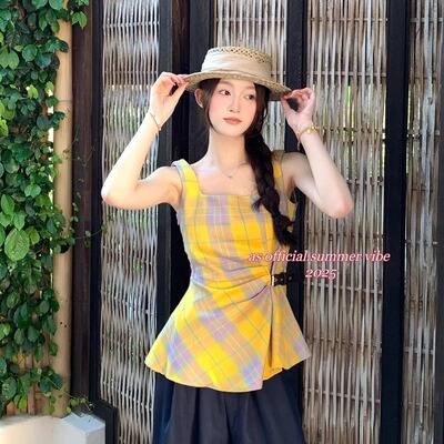 格子吊带背心高级感辣妹无袖上衣