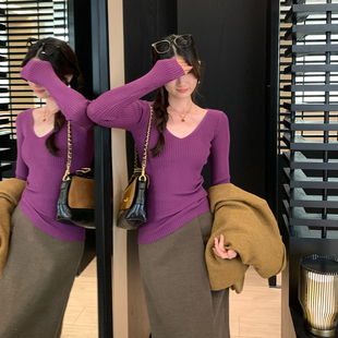 上衣 毛衣修身 高级感V领坑条内搭针织打底衫 女秋冬设计感小众长袖