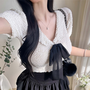 百搭纯欲V领蝴蝶结短袖 短款 T恤女春季 法式 上衣 打底衫 辣妹气质时尚