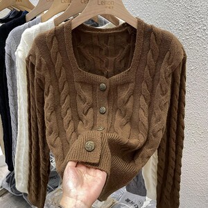2023针织衫开衫女秋冬季法式方领打底衫宽松韩版麻花长袖外套上衣