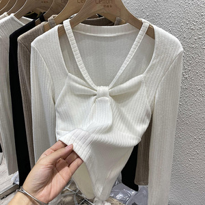 针织衫上衣女设计感小众法式方领挂脖长袖秋冬内搭修身短款打底衫