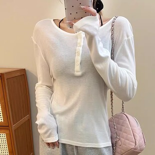 亨利领薄款长袖t恤女早春2026新款宽松显瘦打底衫内搭正肩上衣潮
