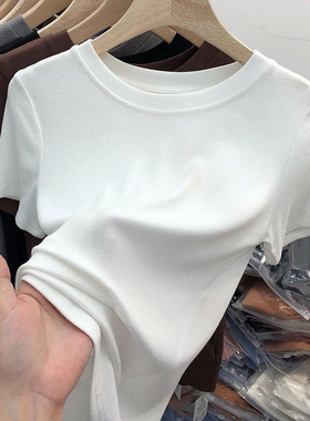 黑色螺纹正肩T恤女春季显瘦内搭半袖打底衫洋气圆领修身短袖上衣