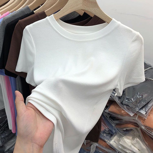 短袖 黑色螺纹正肩T恤女春季 洋气圆领修身 打底衫 上衣 显瘦内搭半袖