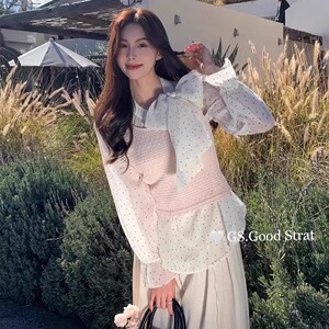 白色波点半高领蝴蝶结衬衫女早春设计感小众洋气针织背心套装上衣