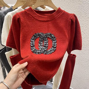 2023秋冬法式袖套毛衣女设计感小众内搭打底衫修身短款针织衫上衣