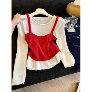 复古慵懒风休闲叠穿吊带背心针织衫 宽松上衣两件套 女早春白色长袖