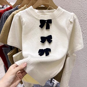 2023秋冬复古法式针织打底衫女设计感小众修身内搭蝴蝶结毛衣上衣