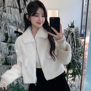 2024秋冬翻领皮毛一体外套女韩版百搭环保皮草夹克仿貂毛加绒上衣