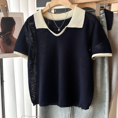 撞色Polo翻领冰丝针织短袖T恤女