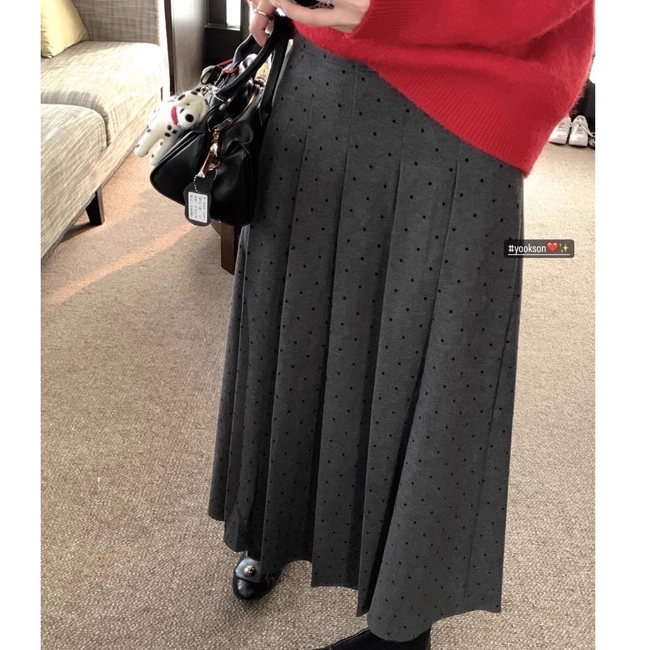 波点毛呢半身裙女百搭中长款伞裙