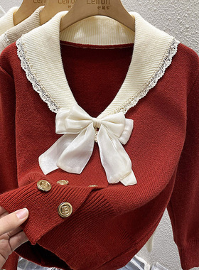 2023秋冬红色娃娃领蝴蝶结针织衫女设计感小众毛衣外套小香风上衣