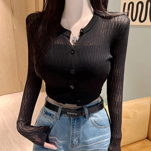 短款 披肩配吊带镂空罩衫 长袖 女春季 上衣 防晒针织开衫 性感辣妹薄款