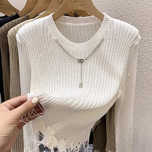 2023秋冬圆领长袖T恤女破洞设计感小众短款套头上衣流苏针织毛衣
