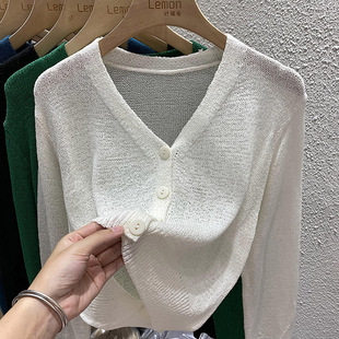 新款 小香风宽松镂空V领长袖 开衫 女冰丝针织衫 上衣潮 薄款 2024春季
