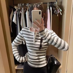 收腰高级感休闲气质长袖 女早秋修身 T恤上衣潮 条纹内搭打底衫 美式