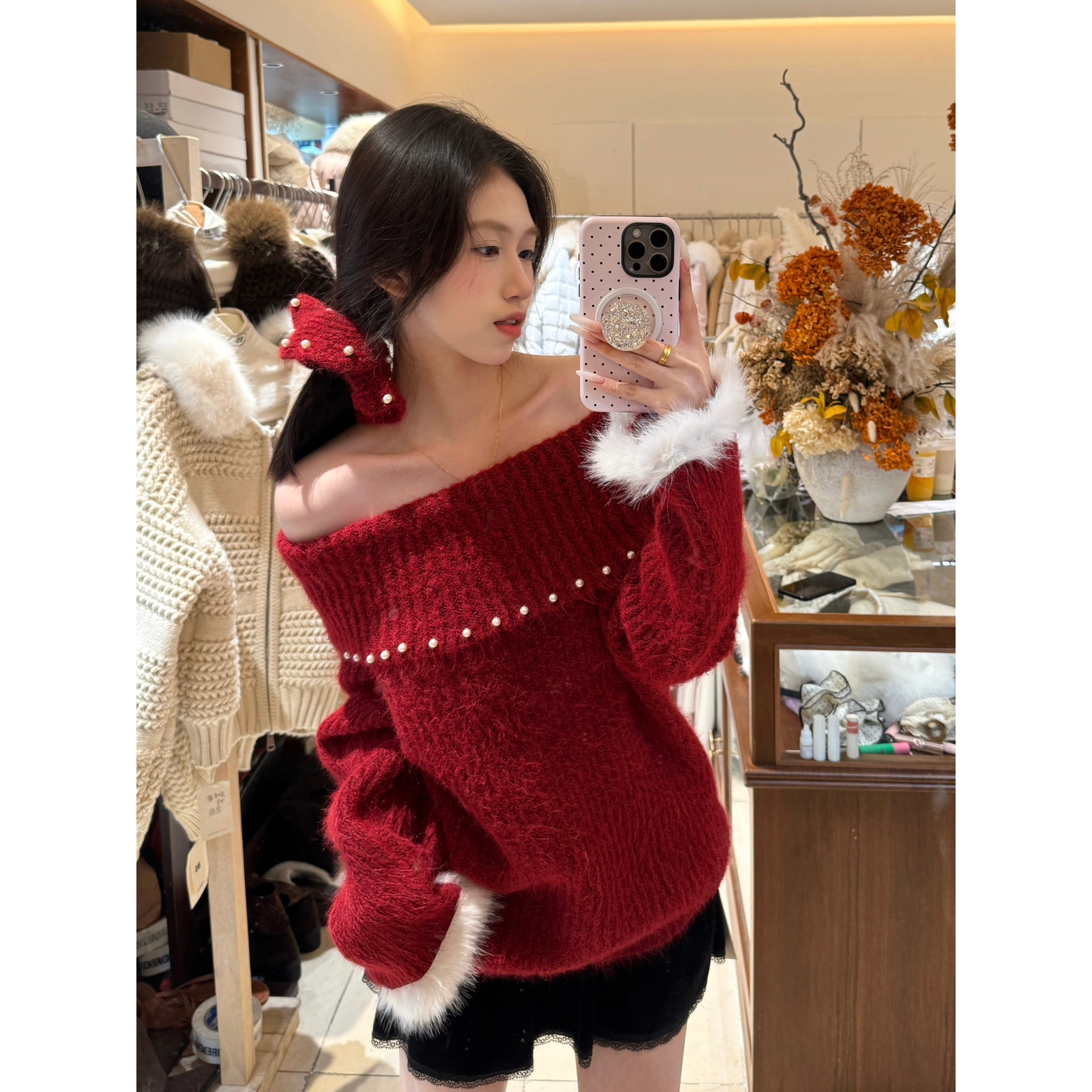 一字翻领毛毛袖复古红色保暖毛衣