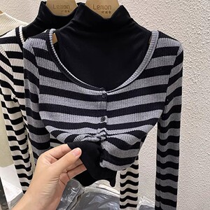 2023秋冬毛衣开衫女两件套挂脖背心打底衫半高领条纹针织内搭上衣