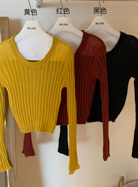 2024秋冬圆领长袖针织衫女显瘦打底衫设计感小众复古红色毛衣上衣