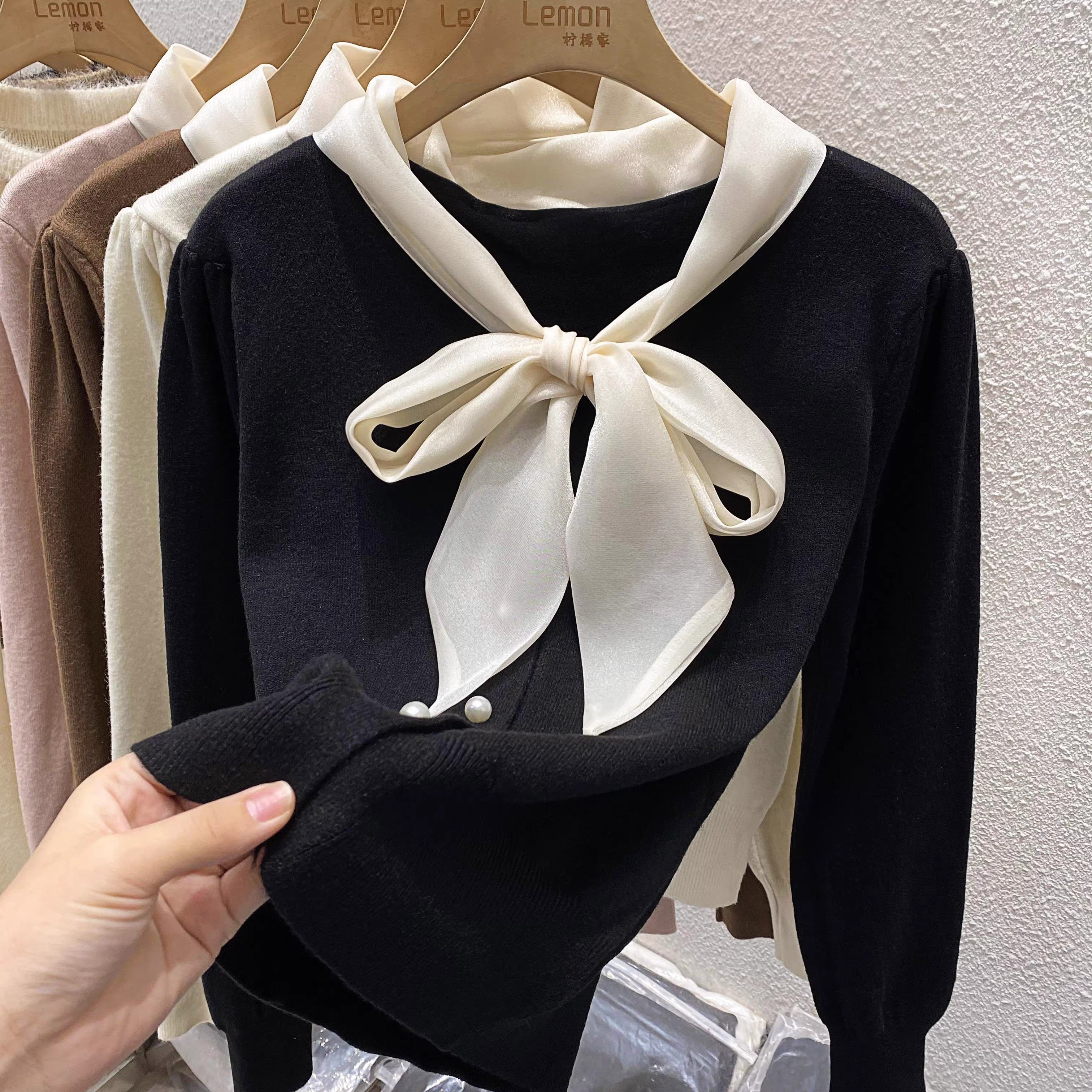 黑色毛衣打底衫女蝴蝶结针织内搭