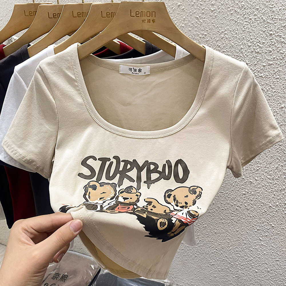 2023方领短袖正肩T恤女设计感小众夏季复古卡通印花修身辣妹上衣,女装/女士精品,时尚防晒服,淘宝优惠券,粉丝福利购,淘宝优惠卷