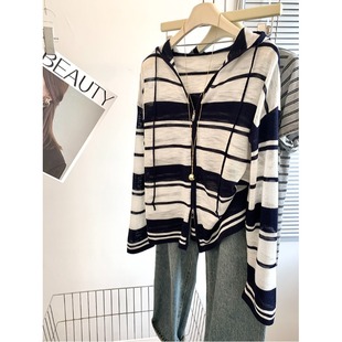 外套防晒开衫 连帽拉链外搭条纹针织衫 长袖 宽松洋气时尚 上衣 女春季