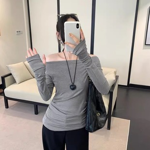 露肩上衣 辣妹长袖 一字肩打底衫 T恤女早秋灰色高级感气质内搭修身
