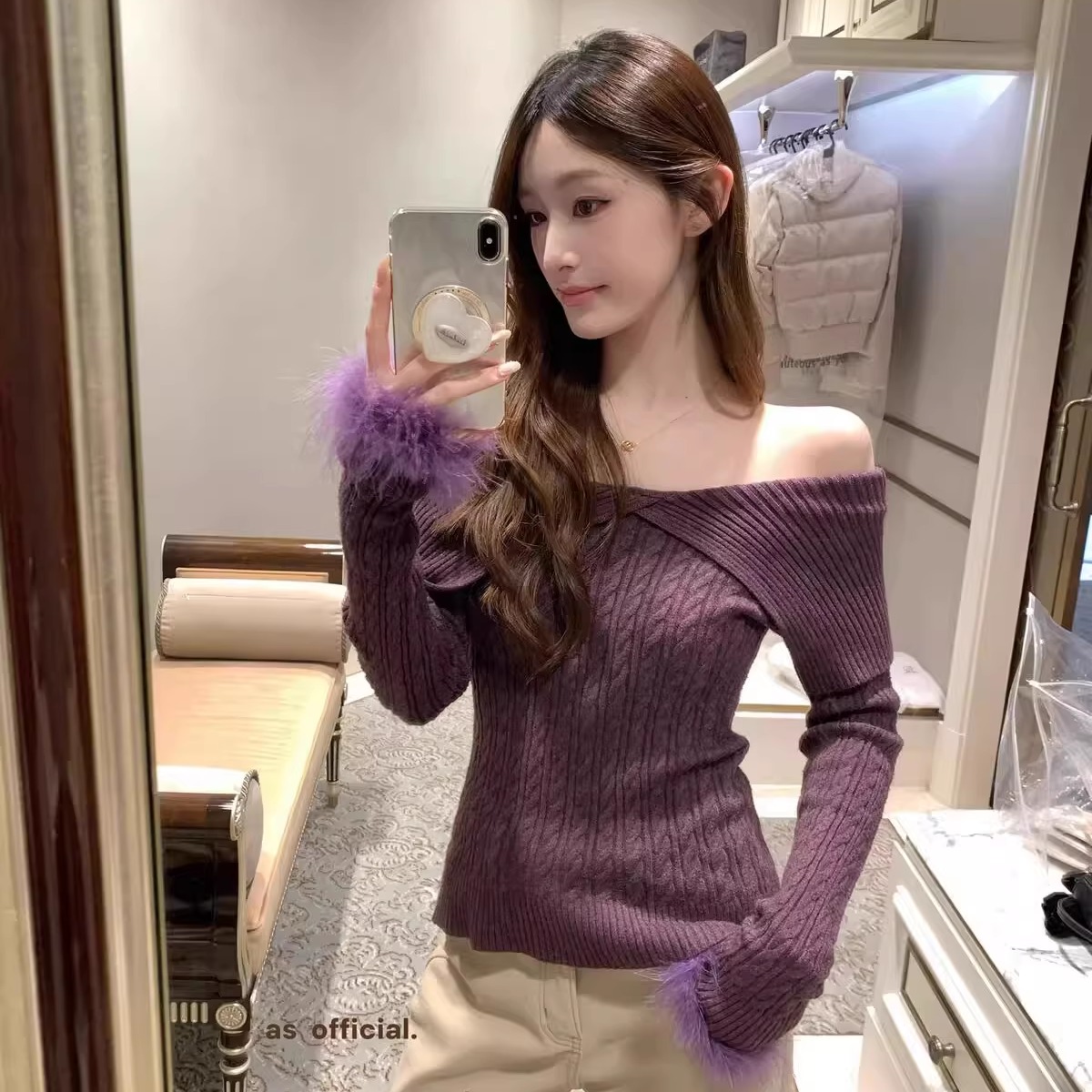 纯欲风法式一字肩翻领针织衫女