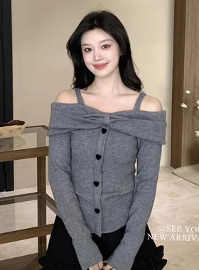 SEE YOU灰色露肩吊带针织衫女秋季显瘦一字肩纯欲毛衣打底衫上衣