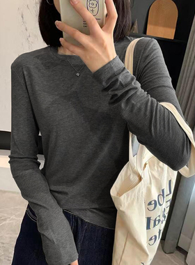 白色圆领长袖T恤女春季内搭面膜打底衫修身气质休闲百搭正肩上衣