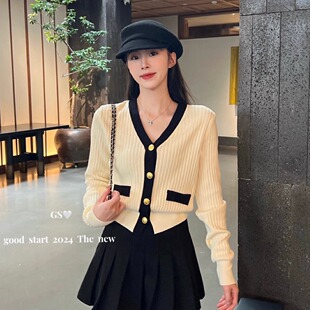 外套针织开衫 V领撞色长袖 上衣 小香风毛衣女秋冬法式 温柔气质短款