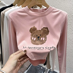 打底衫 上衣 内搭T恤短款 2023白色圆领卡通修身 女春季 洋气印花长袖