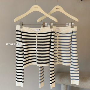 2024秋冬一字肩条纹针织衫女修身打底毛衣设计感小众纯欲短款上衣