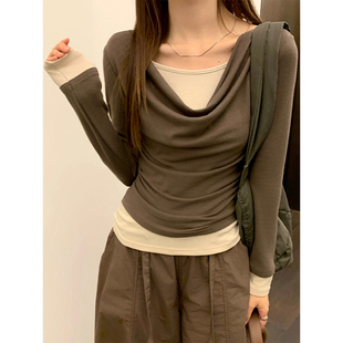 显瘦内搭打底衫 撞色拼接上衣女修身 t恤女春季 荡领气质假两件长袖