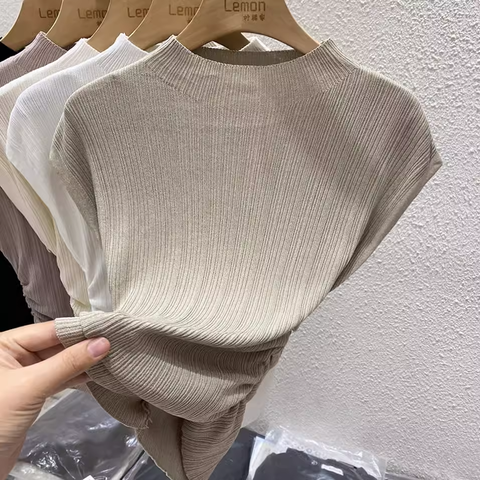 半高领针织短袖T恤女修身上衣