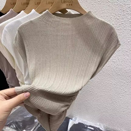 2025夏季半高领针织短袖T恤女设计感小众薄款打底衫法式修身上衣