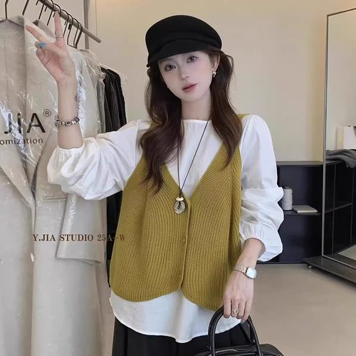 高级感宽松显瘦衬衫V领针织马甲