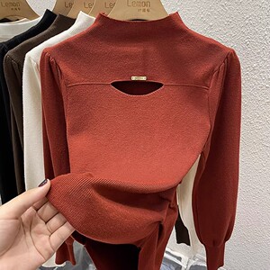 2023秋冬灯笼袖毛衣女不规则针织衫加厚内搭半高领镂空打底衫上衣