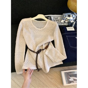 收腰显瘦设计感小众慵懒风宽松罩衫 法式 女春季 针织衫 上衣 镂空长袖