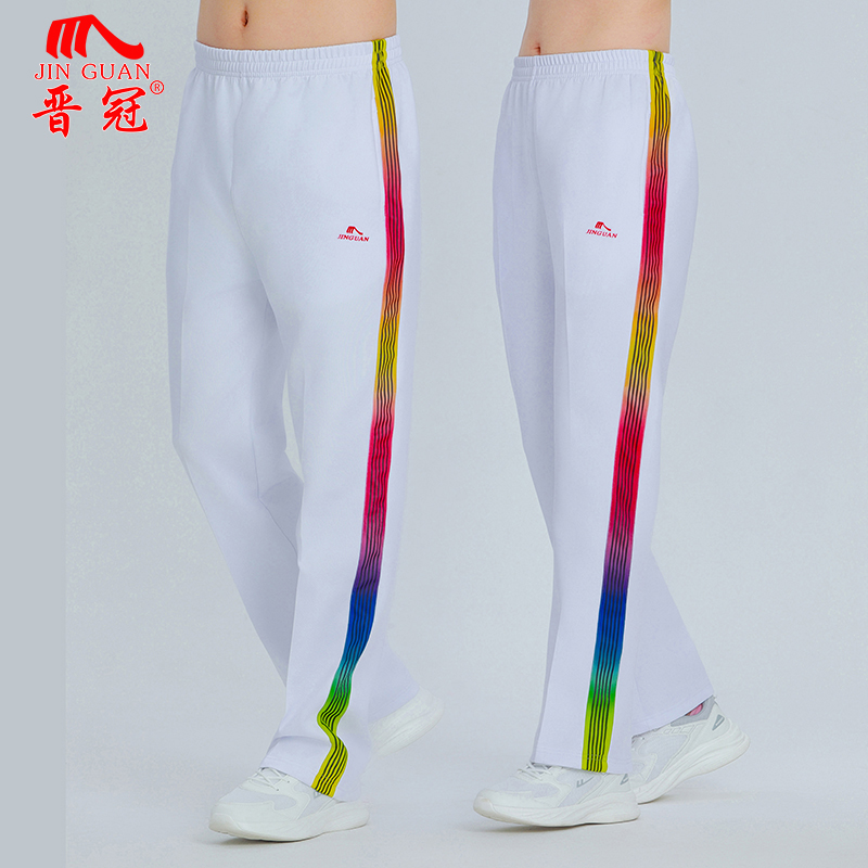 晋冠夏季薄款运动裤男女款广场舞柔力球服团体服直筒长裤速干彩条