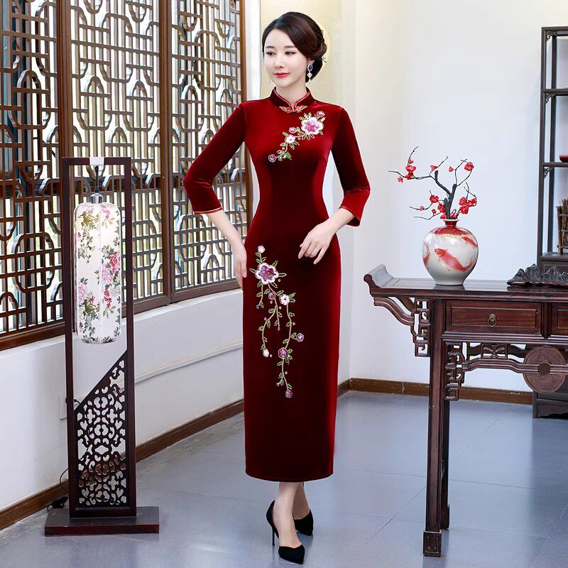 旗袍裙改良版连衣裙中年女婚礼妈妈礼服婚宴中国风高贵气质春秋款