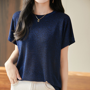 宽松套头打底衫 T恤女2026年春夏新款 上衣 短袖 亮丝圆领针织衫