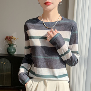 打底衫 2026年春夏新款 女拼色条纹宽松套头薄款 长袖 精纺圆领针织衫