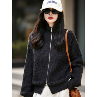 25年秋冬新款纯羊毛半高领针织开衫双拉链长袖女圈毛纯色上衣外套