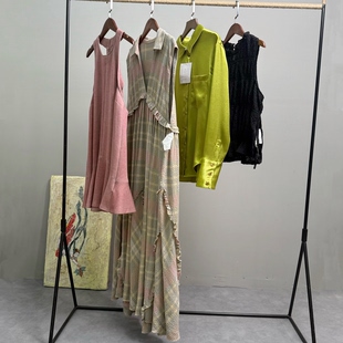 外贸单做旧水洗荷叶边背心裙格子连衣裙光泽感衬衫褶皱上衣女春夏