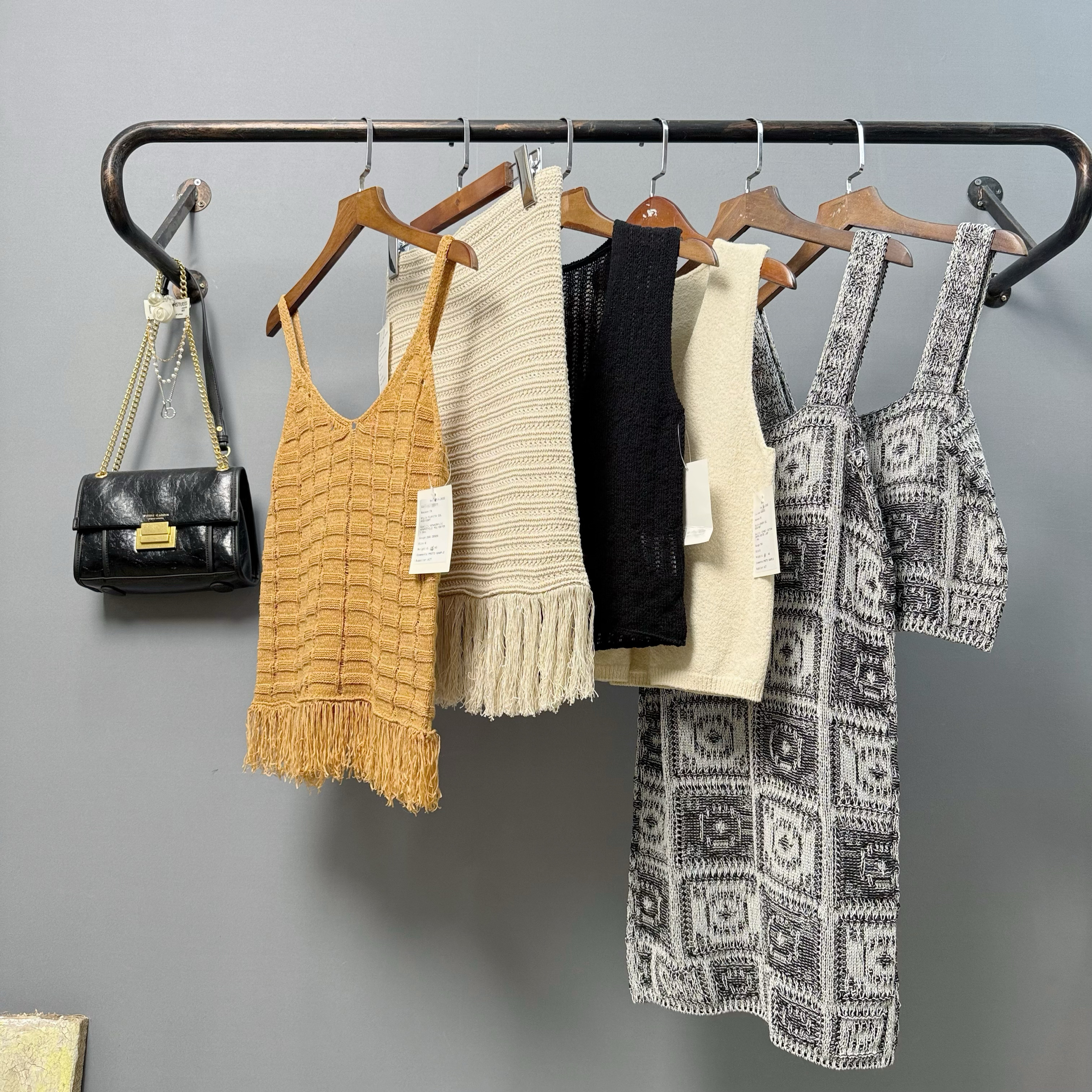 外贸单镂空针织流苏吊带半裙系带开衫外搭叠穿小马甲格子连衣裙女